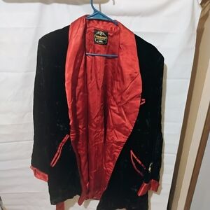 Vintage Troisi Black Velvet Smoking Jacket Robe Red Satin Lining Belted